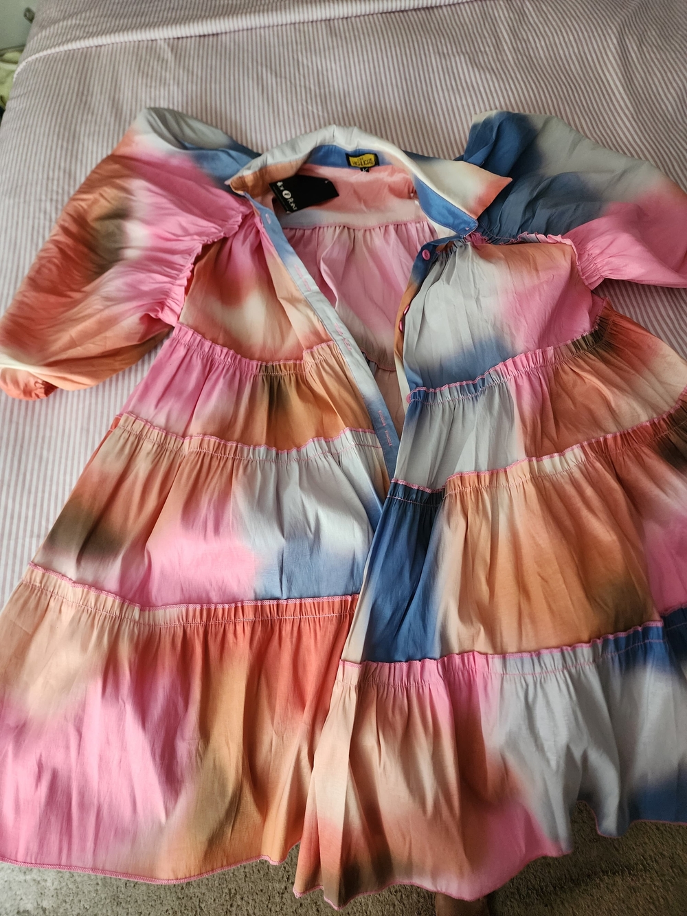 Women's Multi-Color Tiered Mini Dress - Pink/Blue/Orange